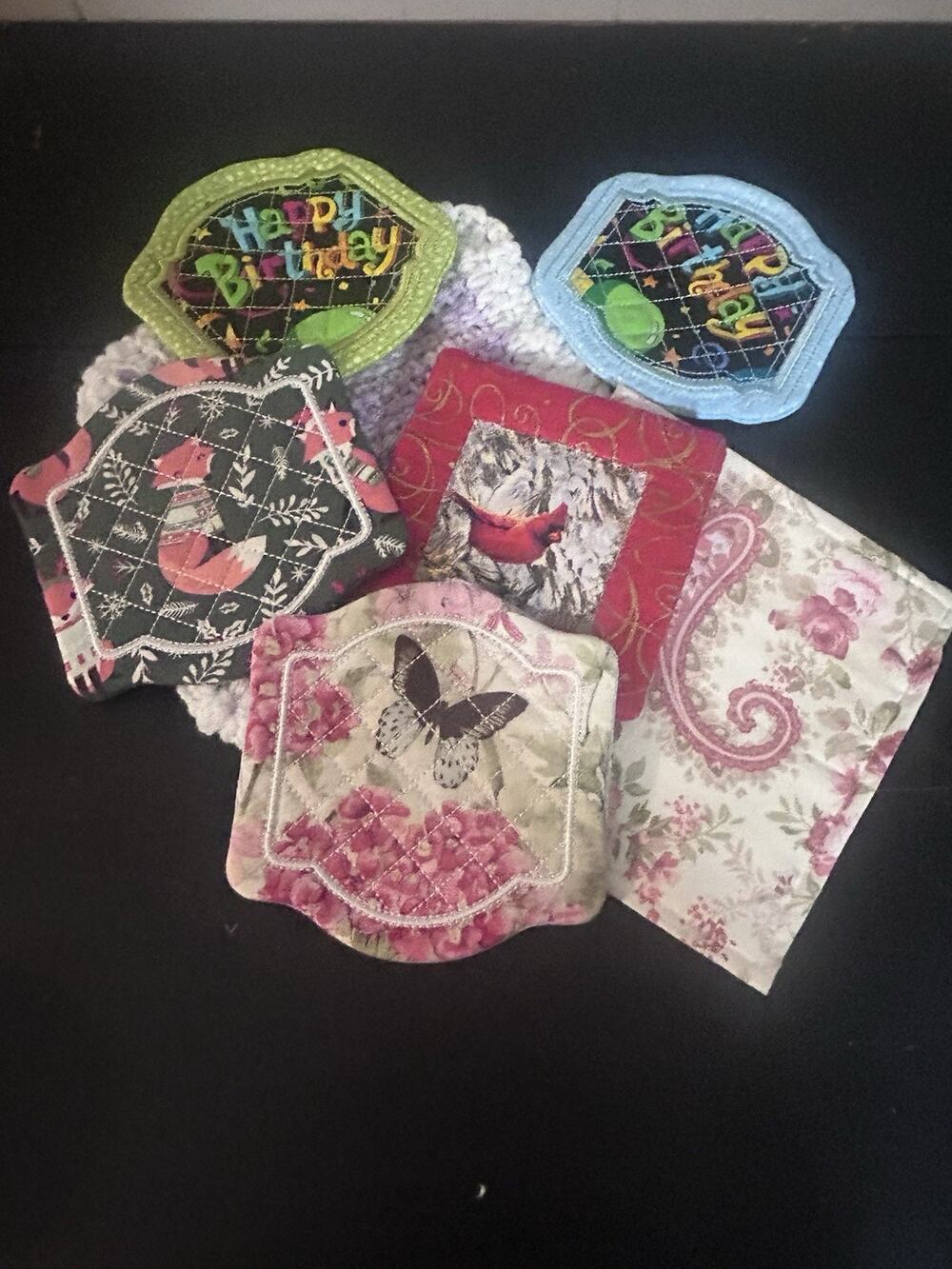 Lot of 7 Handmade Fabric Coasters Trivets Quilted Floral Fox Butterfly Cardinal